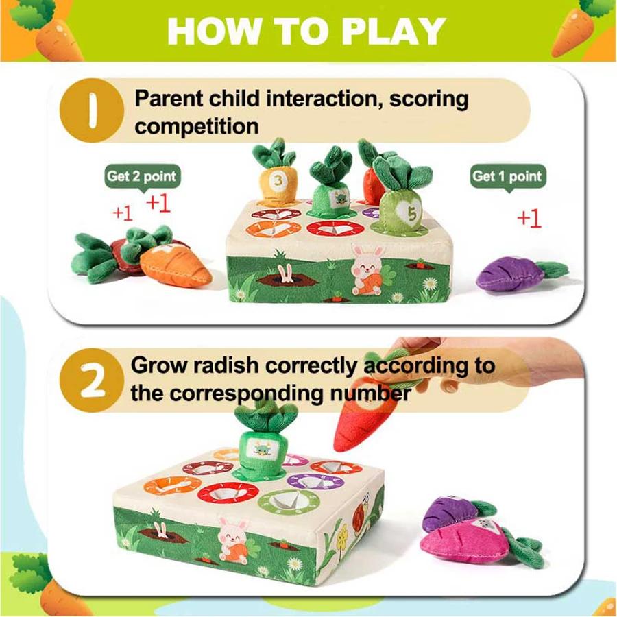 Baby Montessori Toys Carrot Pull Game Soft Washable Sensory Toys Early Learning Numbers Colors Motor Skills for Toddler Gift