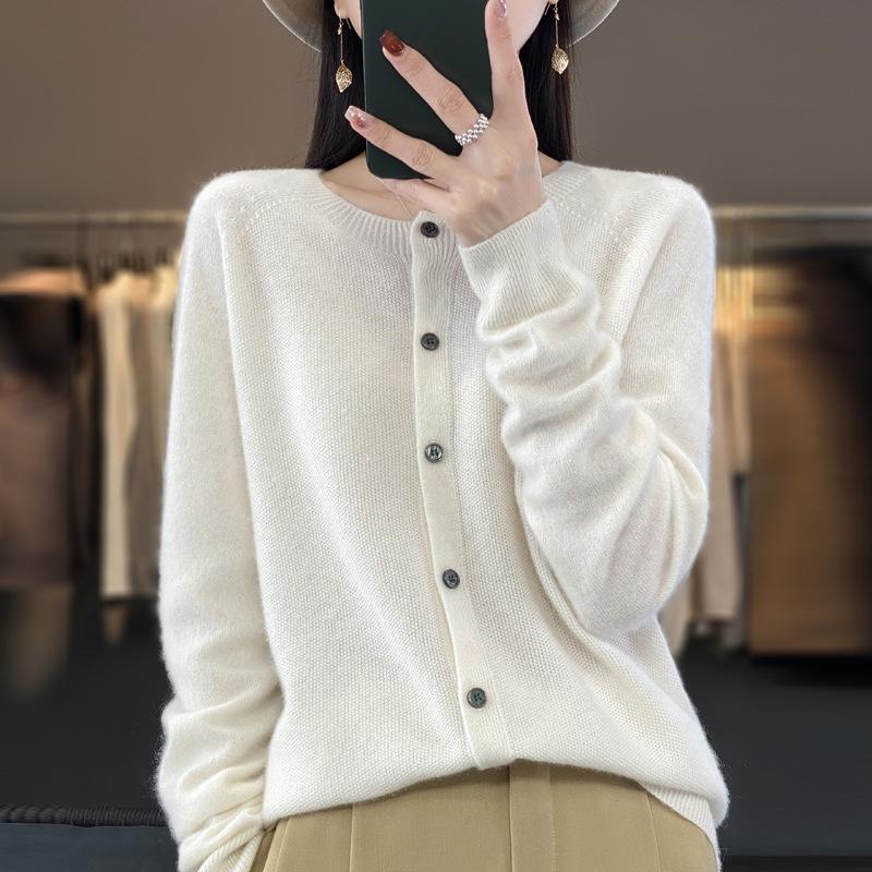 Women's Loose Cashmere Wool Cardigan – Autumn/Winter Osmanthus Stitch Knit Top