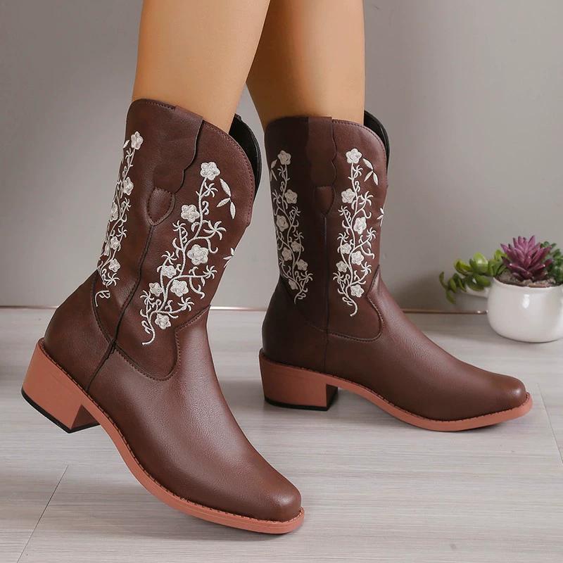 

Новые женские сапоги средней высоты на осень и зиму, вышитые, в стиле ретро, удобные, большого размера, сапоги-рыцари 36 чёрный