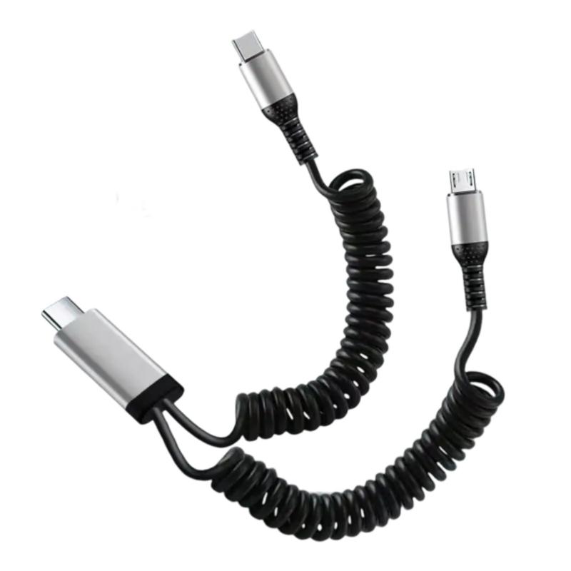 2 in 1 USB A & Type C Car Charging Cable with Stretchable Spring Charging Data Cable for Multiple Devices