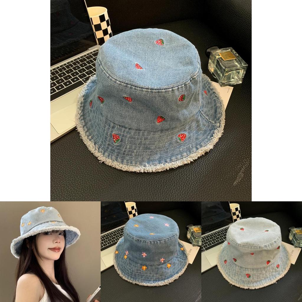 Summer Denim Bucket Hat With Flower Motif For Sun Protection For All Genders