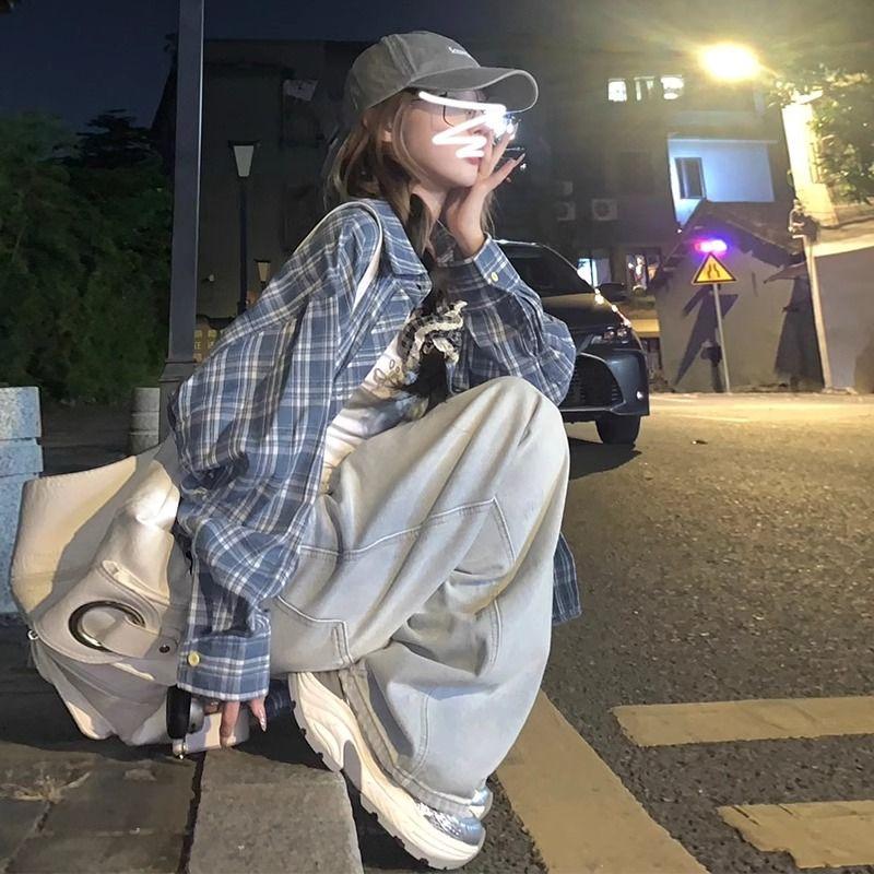 

American vintage Blue Plaid Shirts Women s 2025 New Popular Early Spring Shirt Stacked Casual Outerwear Top Blue Gingham S