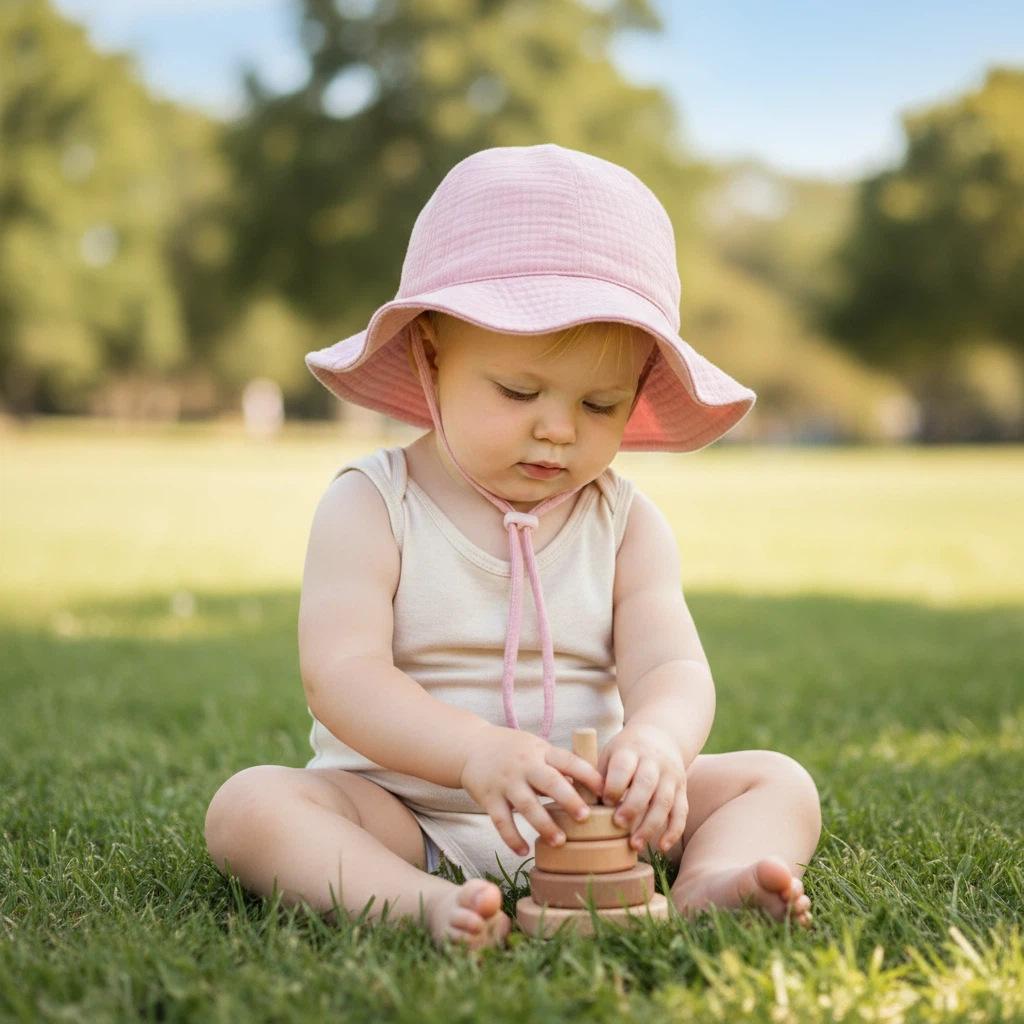 Baby-Sonnenhut 3-18 Monate Weißer Baumwoll-Eimerhut mit verstellbarem Kinnriemen Atmungsaktive Fischerkappe für Jungen und Mädchen