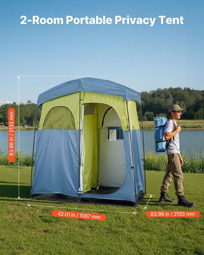 Camping Shower Tent, 2-Room Portable Privacy Tent Changing Room with Shower Bag, Ground Stakes, Ropes, Carry Bag, and Support Poles, 150D Oxford
