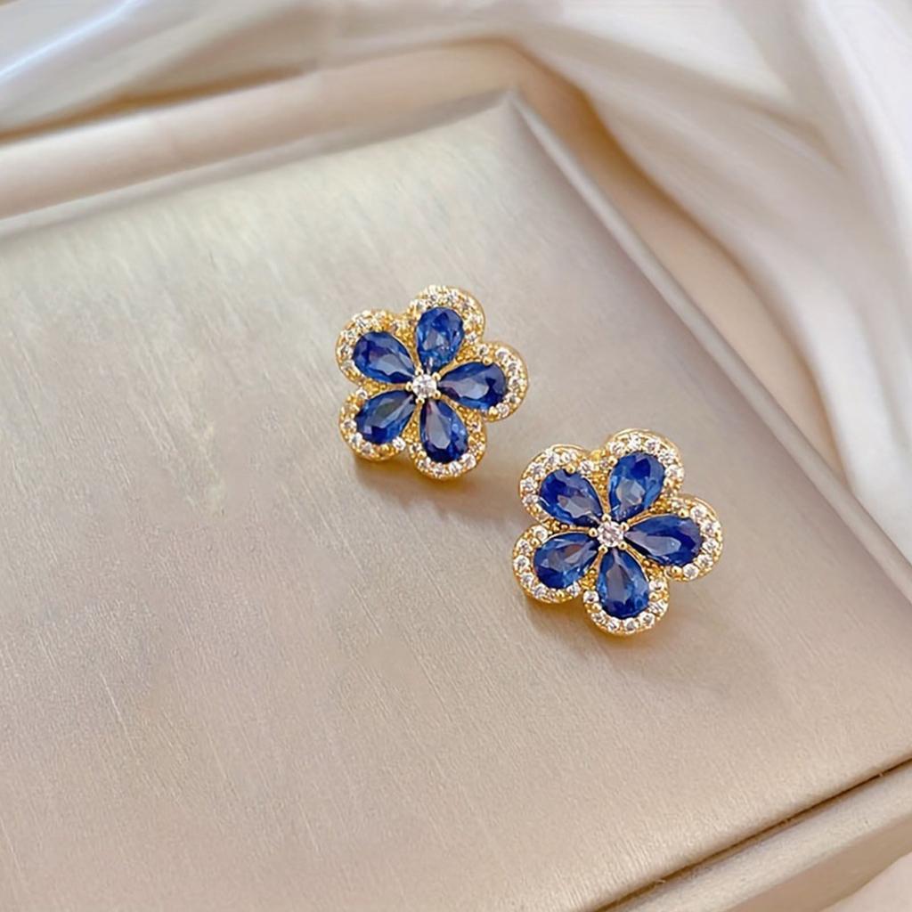 Women Rhinestone Flower Pendant Necklace and Earrings Set for Women Crystal Floral Jewelry Wedding Party Gift Blue