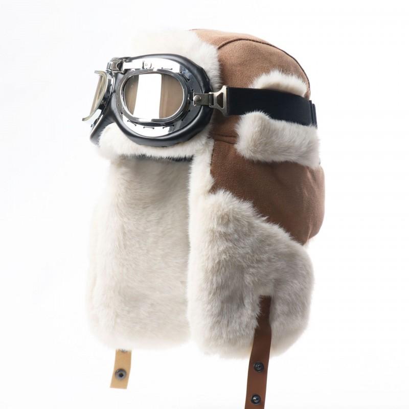 Winter Fleece-Lined Suede Biker Hat With Goggles Outdoor Riding Ear Neck Protection Unisex Warm Cap