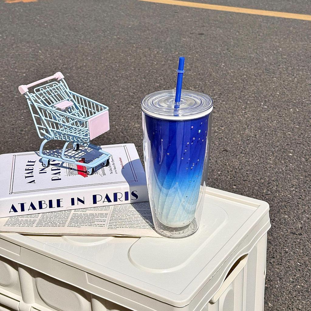 Cana cu paie cu bule dublu Rainbow Girl - Capacitate mare, design creativ pentru studenți și uz la birou/acasă