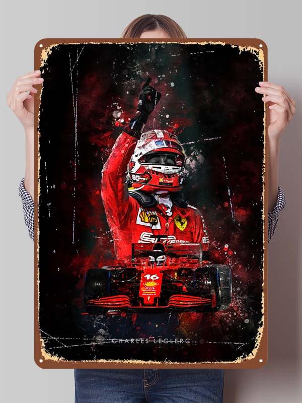 Charles Leclerc Rennfahrer Poster F1 Rennsport Metallschilder Wandkunst Wandbild Benutzerdefinierte Blechschilder für Wandkunst Dekoration Vintage Metallschild