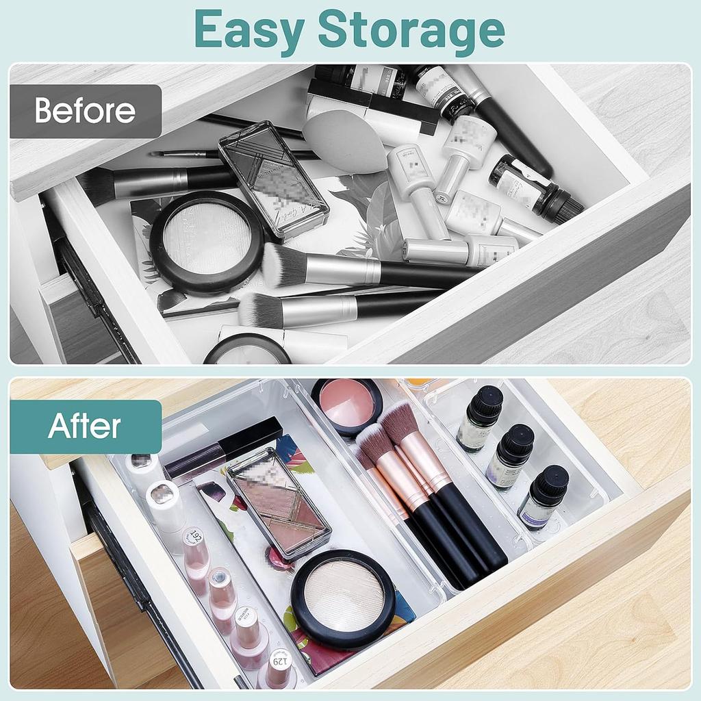 25 PCS Clear Plastic Drawer Organizer Set, 4 Sizes Desk Drawer Divider Organizers and Storage Bins for Makeup, Jewelry, Gadgets for Kitchen, Bedroom