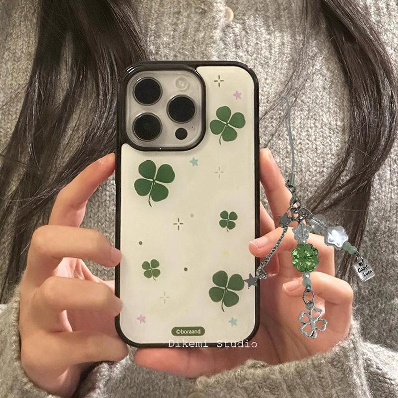 Korean Ins Fresh Starlight Dot Lucky Four Leaf Clover Phone Case For iPhone 17 16 15 14 13 12 11 Pro XR X Max 7 8 Plus Y2K Cover