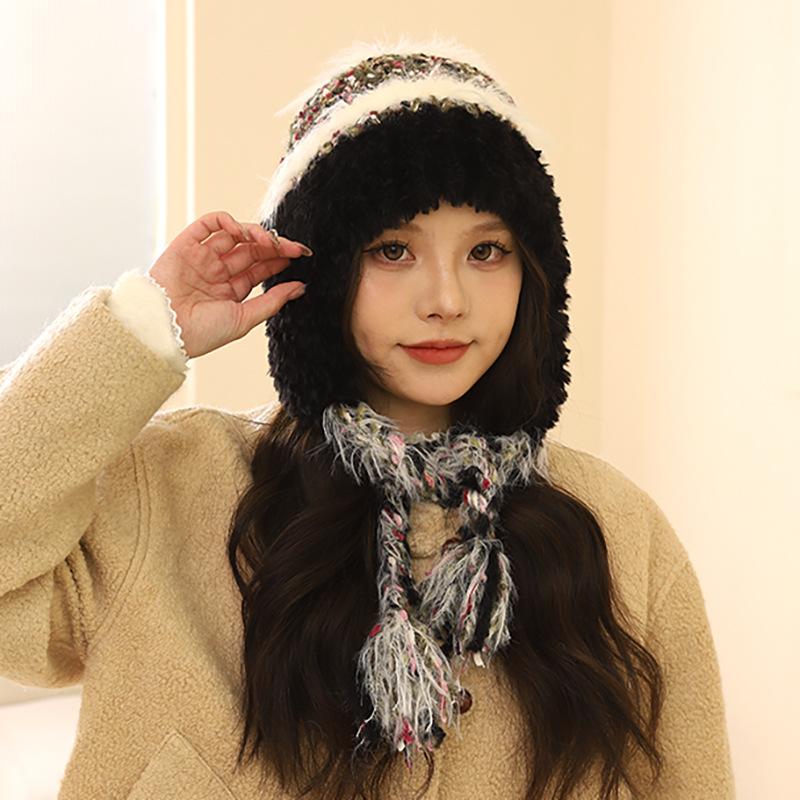 Ethnic Style Striped Splicing Knitted Wool Hat Autumn and Winter Women's Thickened Warm and Cold-proof Ear Protection Pullover Hat Lei Feng Hat