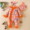 Adorable Baby Floral Flare Sleeve Jumpsuit with Hat & Headband (0-1Y)