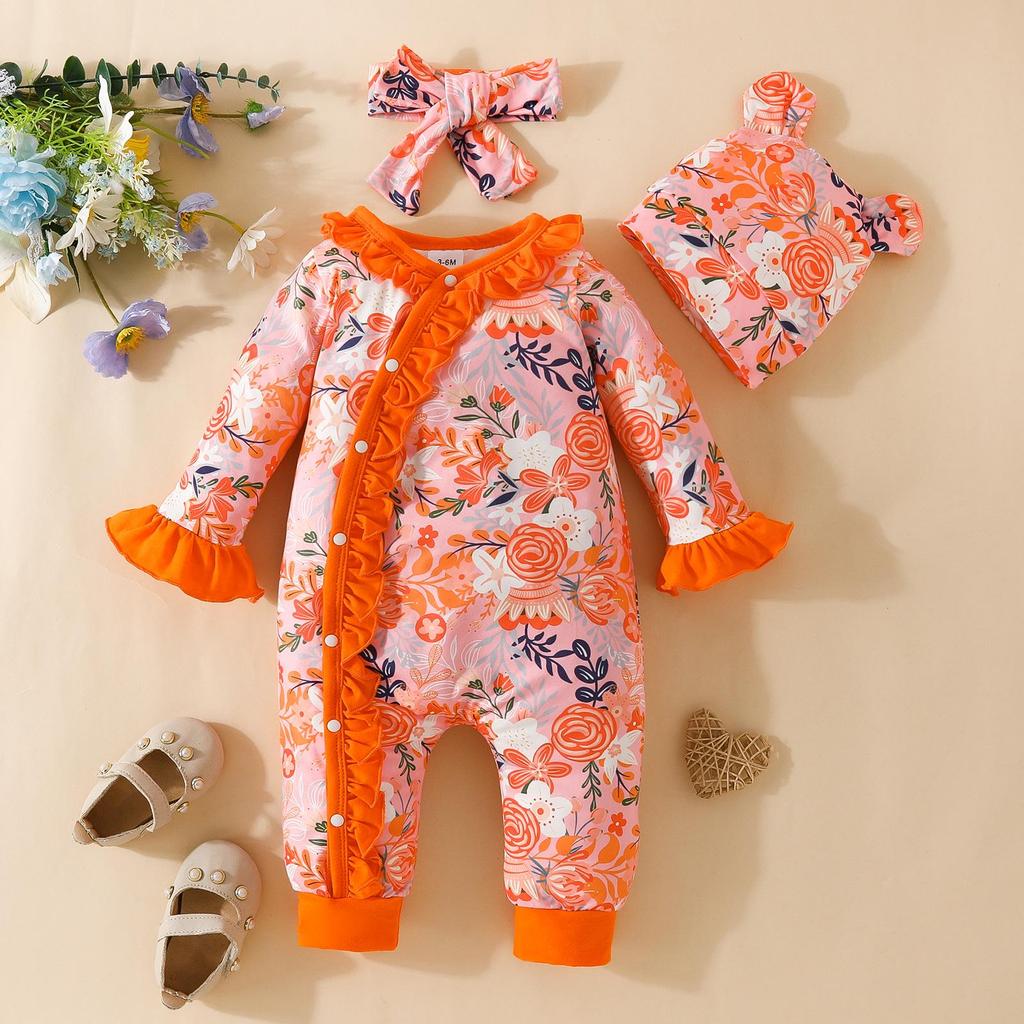 Adorable Baby Floral Flare Sleeve Jumpsuit with Hat & Headband (0-1Y)