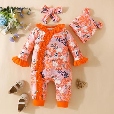 Adorable Baby Floral Flare Sleeve Jumpsuit with Hat & Headband (0-1Y)