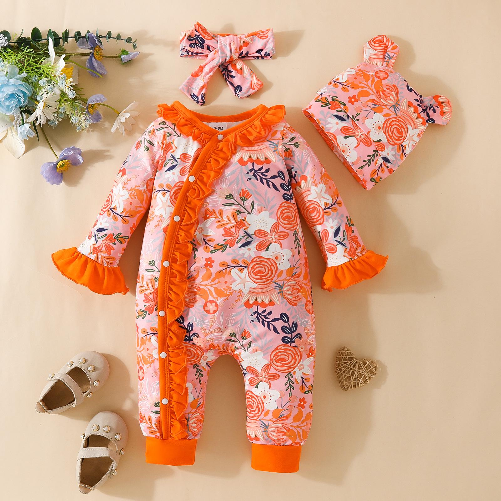 Adorable Baby Floral Flare Sleeve Jumpsuit with Hat & Headband (0-1Y) 12-18 Months оранжевый