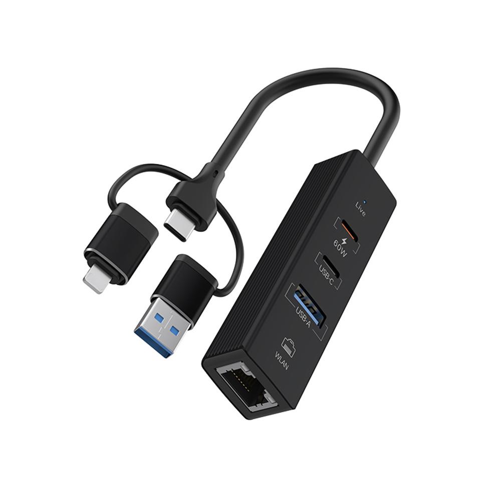 PD 60W 4 In 1 Hub Adapter iP/USB/Type-C Converter with Gigabit Ethernet/Digital Audio/Data Transfer for Laptops/PCs/Tablets/Phones