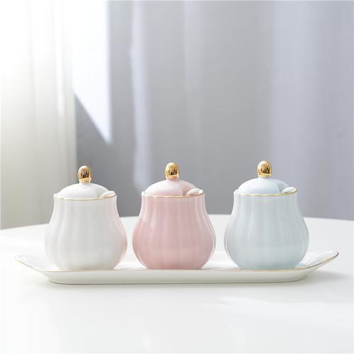 Creative Kitchen Ceramic Seasoning Jar Three-piece Seasoning Jar Seasoning Box Combination Salt Jar Chili Oil Cans Household