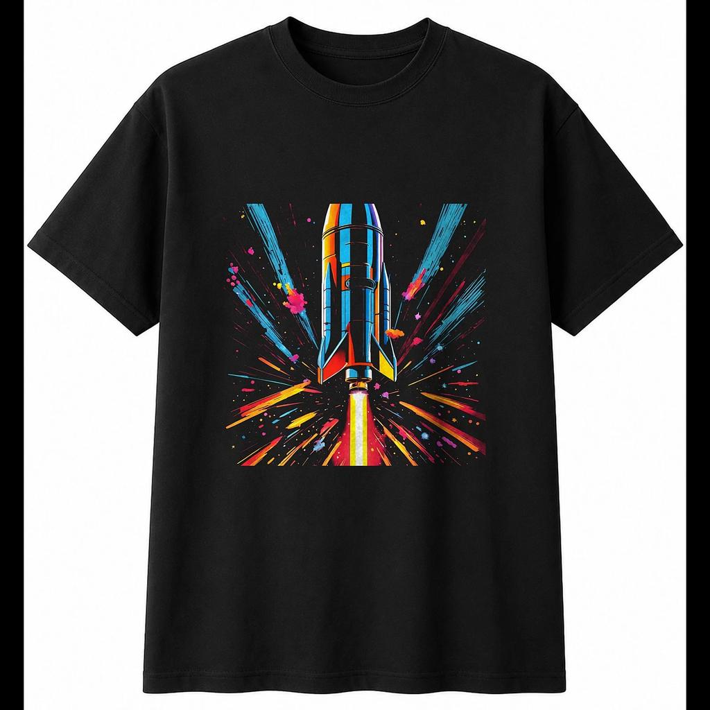 Anime Rocket Glowing Mens T-Shirt Space Black 100% Cotton Galaxy Printed Sci Fi