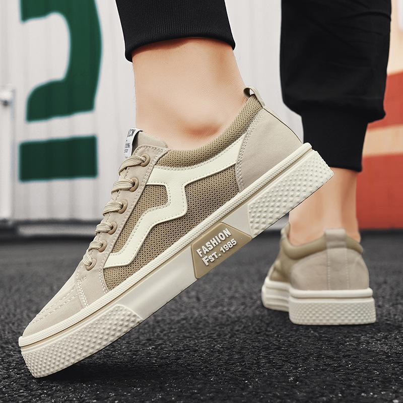 2024 Summer New Canvas Splicing Mesh Breathable Board Shoes College Style Flat Bottom Lace-up Sports Thin Men's Shoes