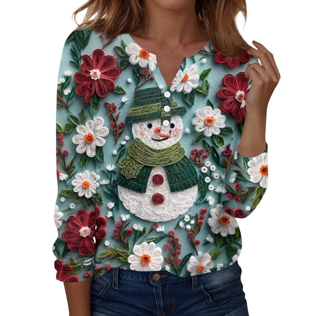 Women's Fashion Casual H Printed V-Neck Long Sleeve Decorative Button T-Shirt Tops