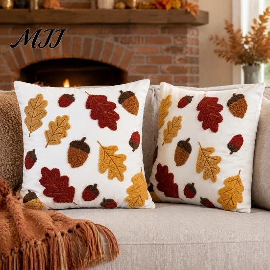 Skin Friendly Throw Pillow Shells Maple Leaf Cushion Cover, Fall Acorn Decorative Sofa Cover 18x18 Inches Farmhouse Case for Autumn Home Decor Covers