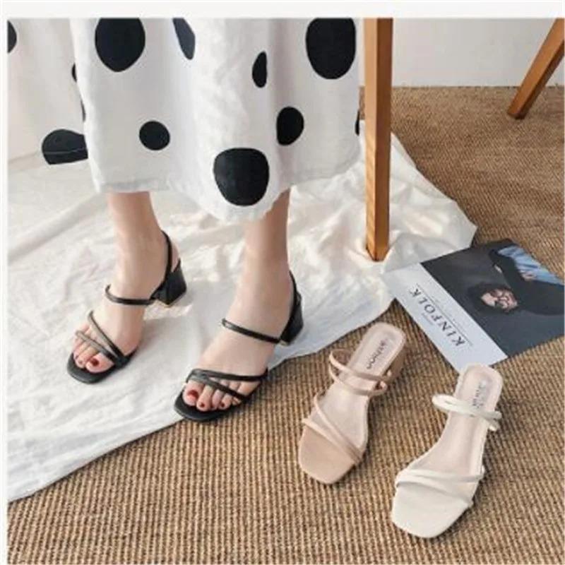 Women Sandals Ladies Square Heels Elegant Summer Slippers Outside Cross Tied Leather Female Slides 2024 Fashion Woman Sandals