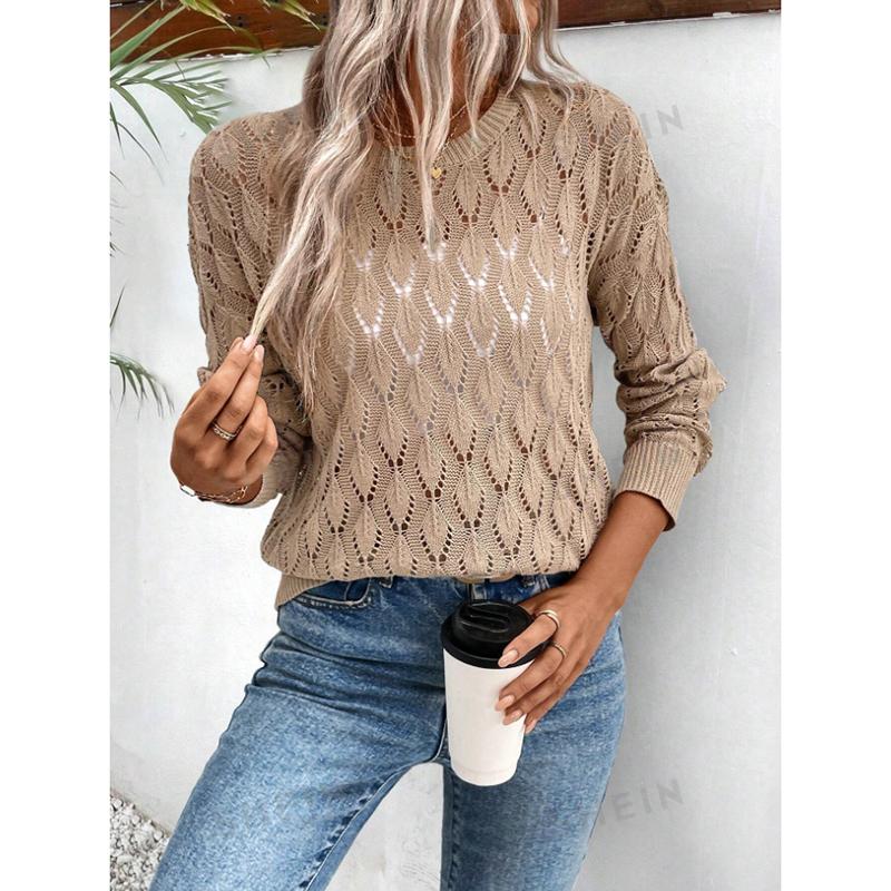 Women's Hollow Knitted Irt Thin Bat Sve Loose Fit Long Sve Round Simple Spring Faion Casual Wear