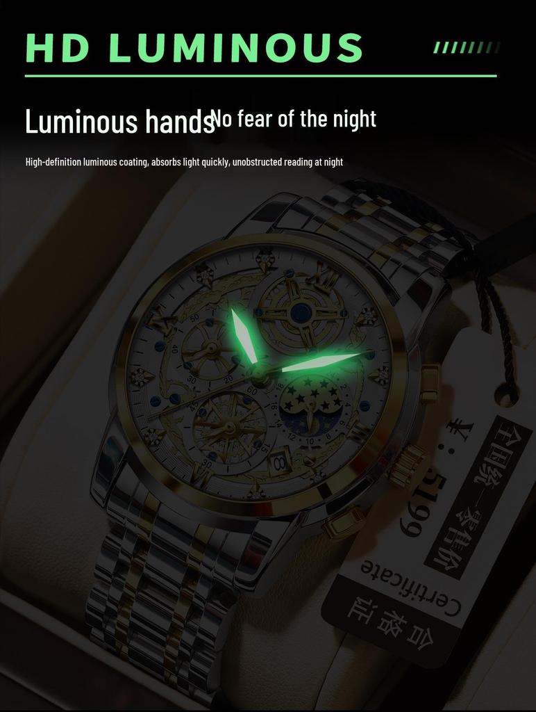 Binbang Men's Multifunctional Quartz Watch: Authentic, Trendy, Casual Waterproof Steel Band with Luminous Features