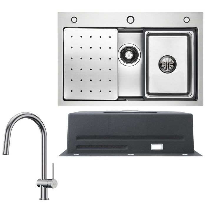 Évier de Cuisine - Inox - 70x45cm - Mitigeur Extractible - Bac Réversible - Design Pratique