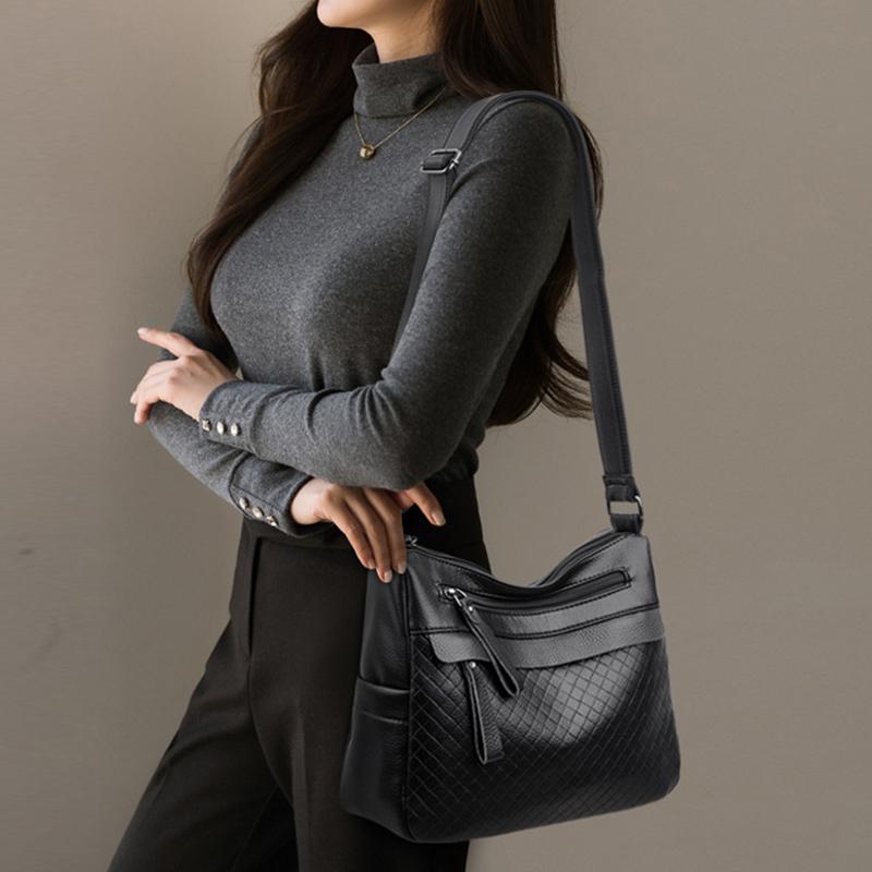 Middle-aged Handbag Embossed Diamond Pattern Shoulder Bag 2025 New Multi-layer Soft Leather Solid Color Large-capacity Multi-pocket Crossbody Bag