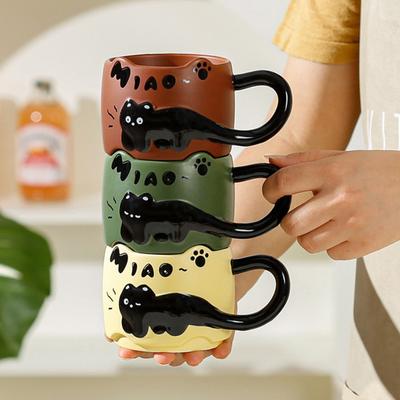 Cat Stackable Coffee Mugs 380ml Capacity Cute Cat Theme Meow Cups Space-Saving Ceramic Tea Cups Gift for Cat Lovers And Collectors