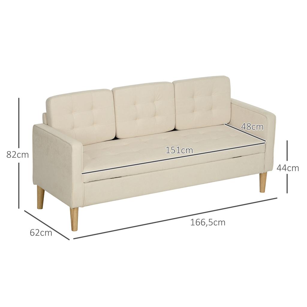 3-Seater Sofa In Snow Flannel, Modern Sofa with Hidden Storage, Tufted Backrest, 166.5 X 62 X 82 Cm, Cream