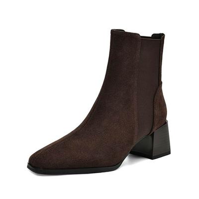 Rindsveloursleder Winter Eckige Zehenpartie Klobige Absätze Chelsea Boots Größe 43 Damen Slipper Retro Elegant Damen Stiefeletten