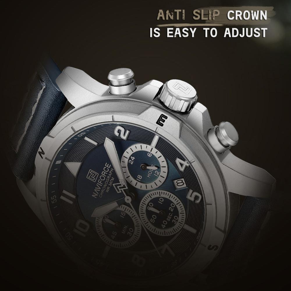 NAVIFORCE Original Men Quartz Watch Chronograph Mini Dial Calendar Date Leather Strap Luminous Hands 30m Waterproof Men Watch Gift NF8077