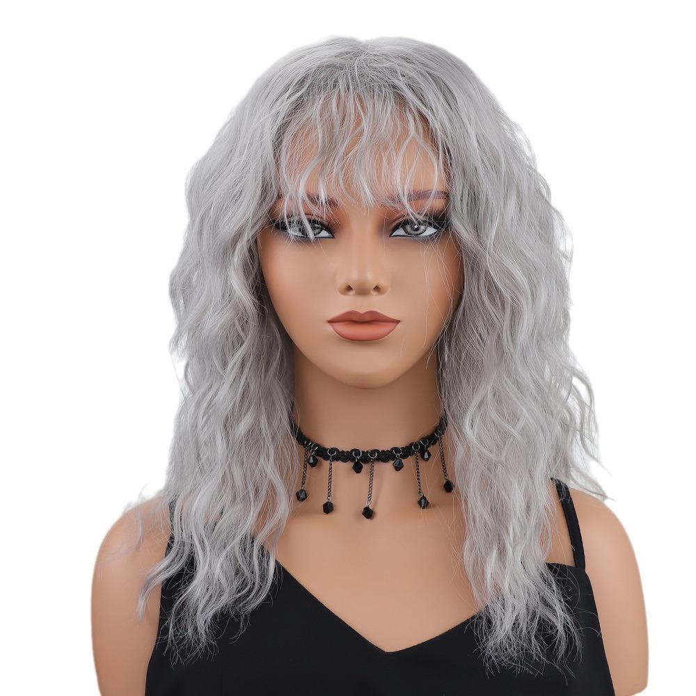 Grey Brown Blond Black White Wigs with Bangs Shoulder Length Curly Synthetic Wigs for Women Daily Cosplay Heat Resistant Fibre