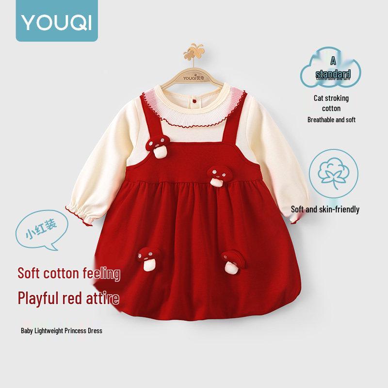 Youqi Red Baby Girl Autumn Princess Dress – Stylish 100-Day First Birthday Gown