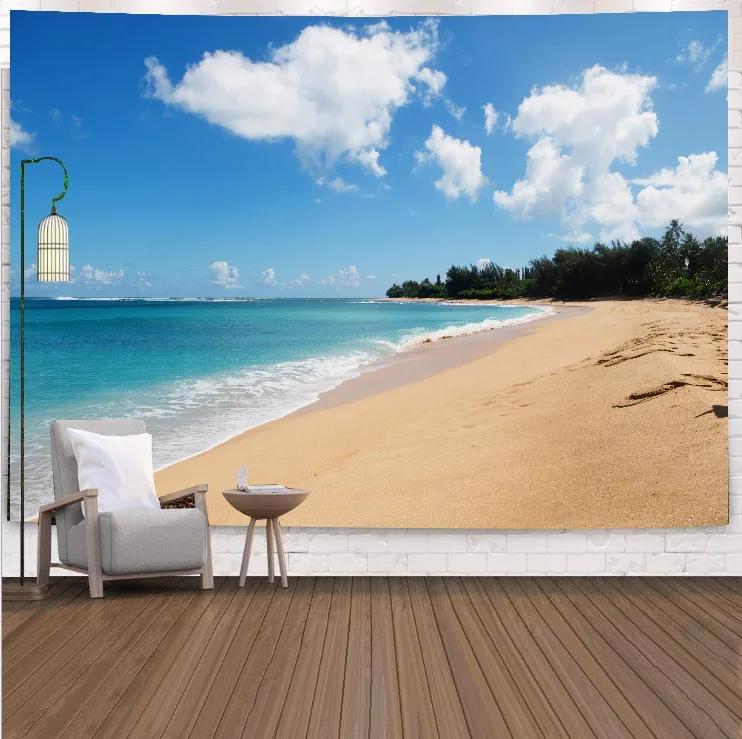 VIKAMA Tropical Beach Landscape Tapestry Summer Coconut Grove Waves Fresh Vacation Style Living Room Room Decoration