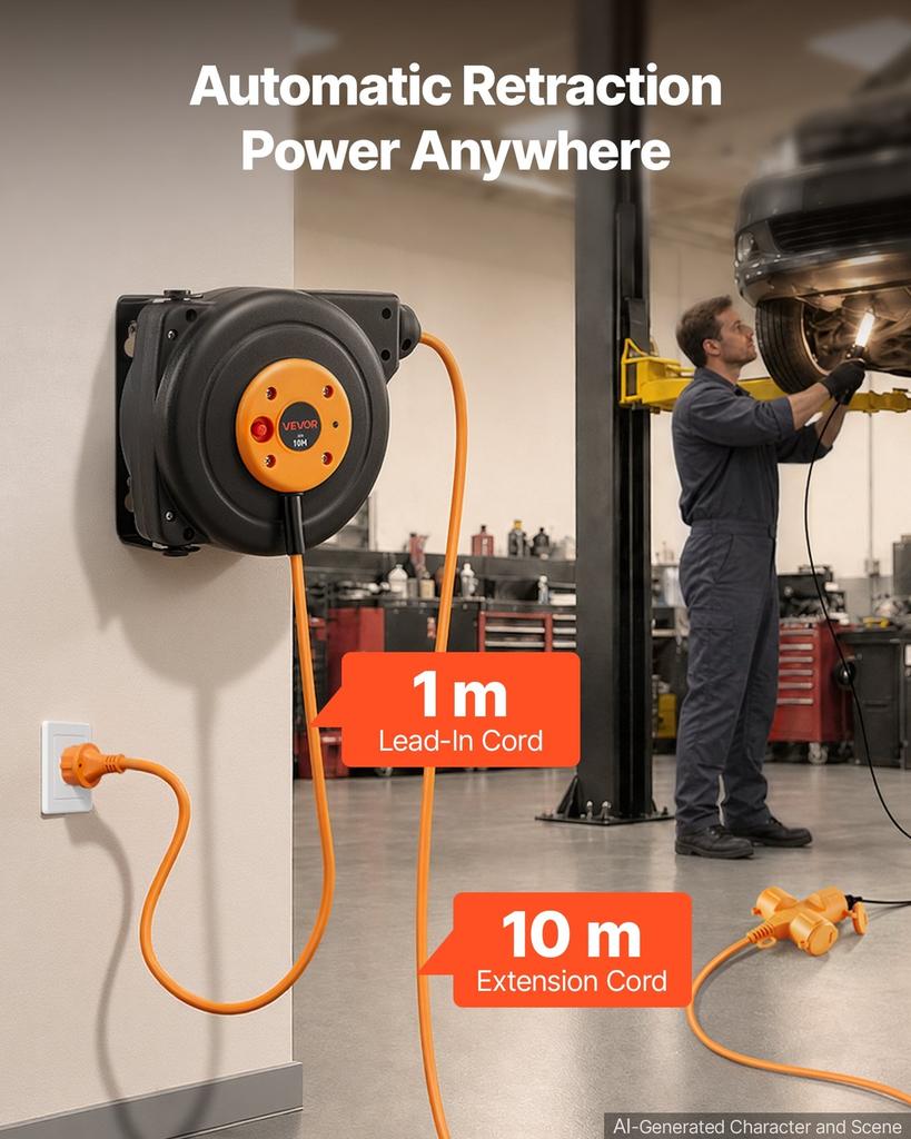 Retractable Extension Cord Reel 10 M Heavy Duty 16AWG / 3C Orange, for Ceiling/Wall Mount, Overheat Protection, Automatic Retractable Power Cord,
