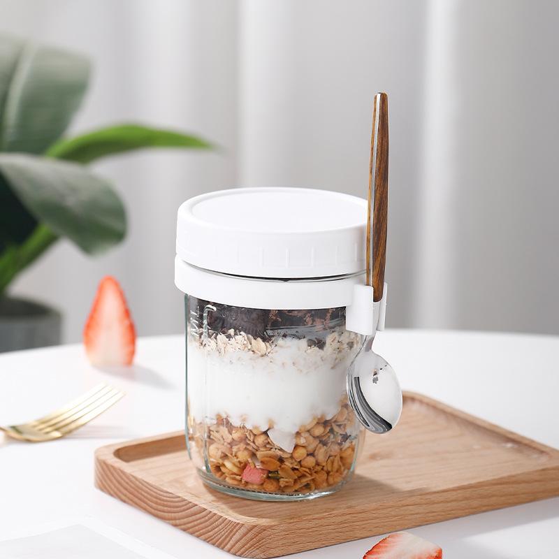 Overnight Oat Cup Transparent Glass Mason Cup Simple Portable Cereal Cup with Spoon Lid Yogurt Graduated Cup