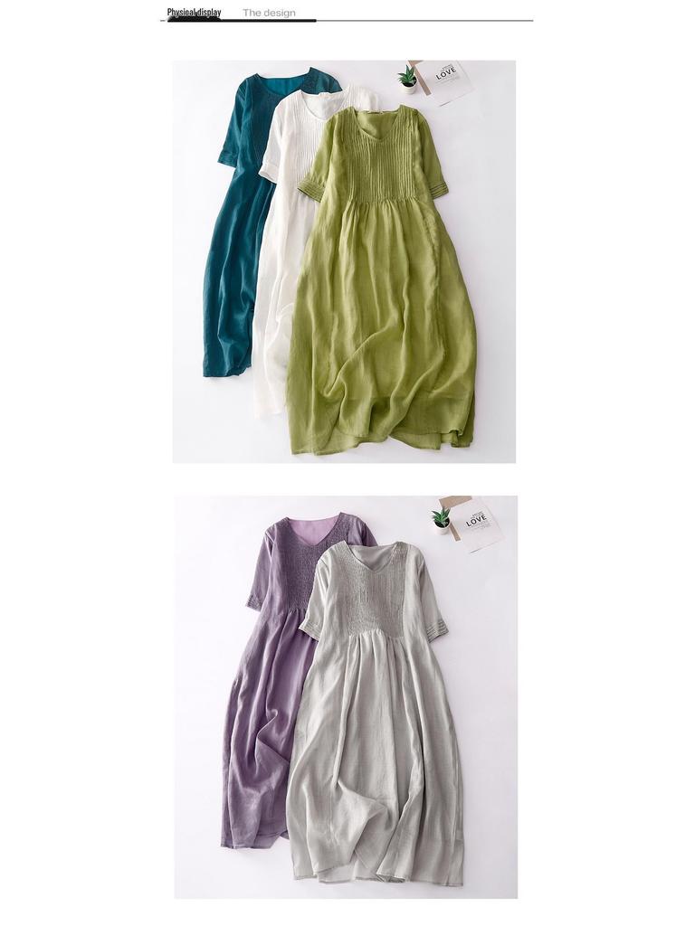2024 Summer Women's Cotton-Linen V-Neck Pleated Retro Dress