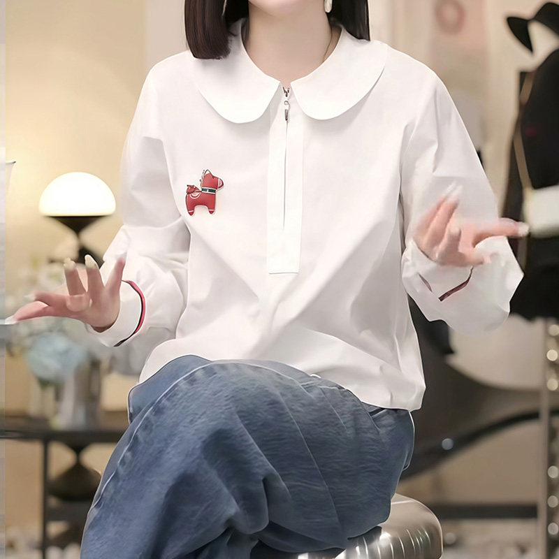 2026 Women s Half-Zip Doll Collar White Blouse with Horse Embroidery - Elegant and Slimming New Year Top L белый