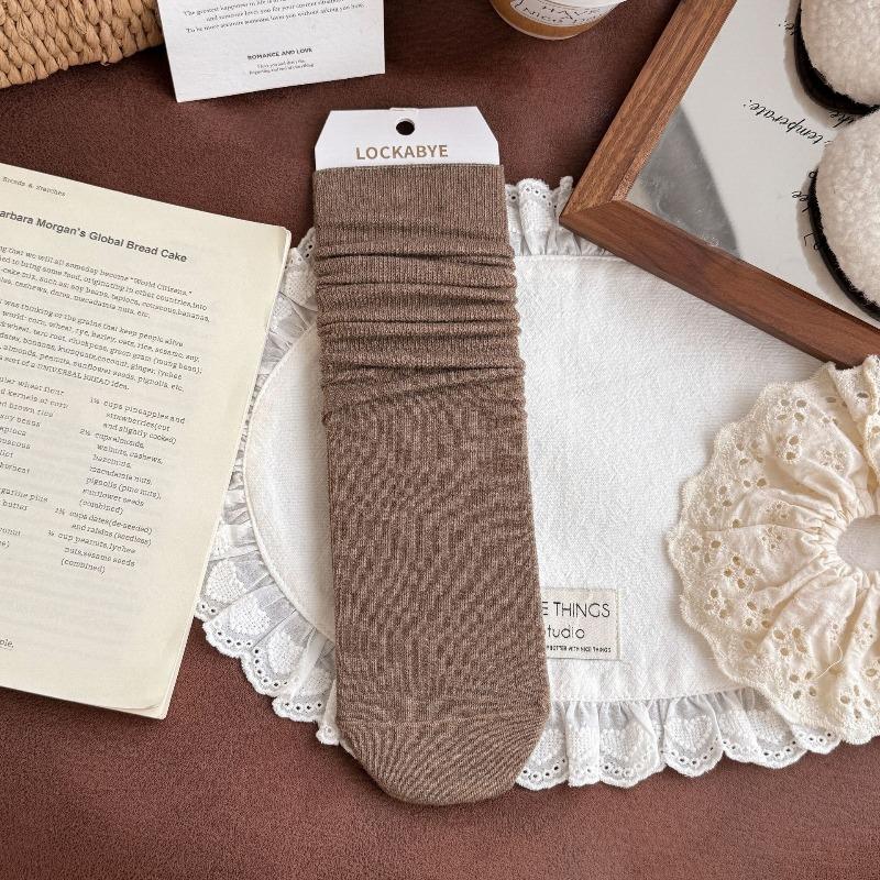 Women's Pure Cotton Autumn and Winter Extended Vertical Boneless Pile Socks Solid Color Versatile Mid-calf Socks Long Socks