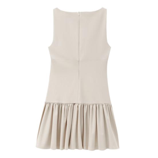 Women Summer Dress Sleeveless Bow Decor Pleated A-line Solid Color Mini Dress Back Zipper Closure O Neck Vest Dress for Dating Party