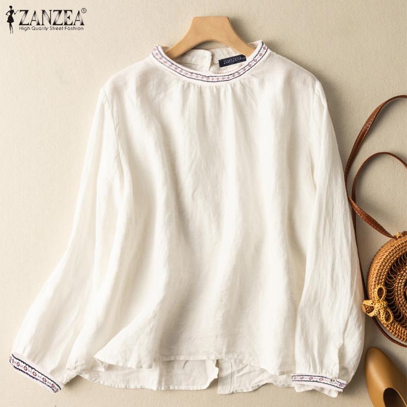 

ZANZEA Женщины Повседневный O-образный вырез с длинным рукавом хлопчатобумажная блузка Топы