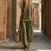 Women's Loose Two-Piece Halter V Neck Sleeveless Top High Waist Color Block Wide Leg Pants