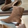 Sheepskin version~ niche square head fringed handmade string wood grain tapered heel western cowboy boots short boots women's stacking boots