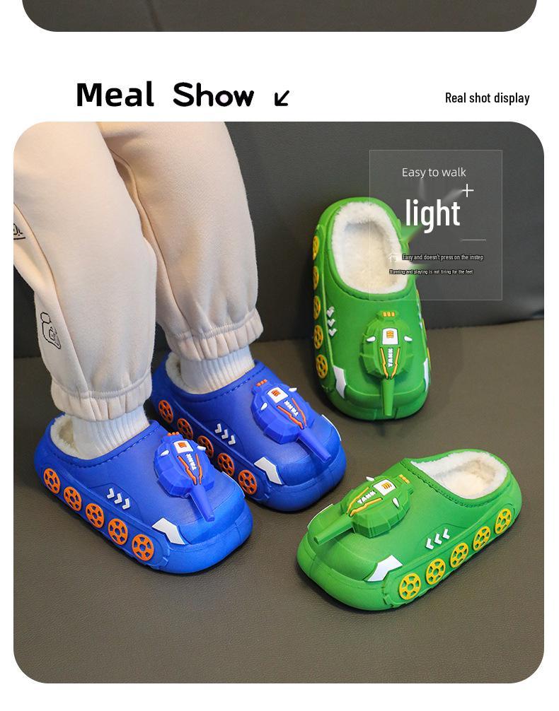 Children's Cute Cartoon Tank Rocket Velvet Warm Winter Slippers