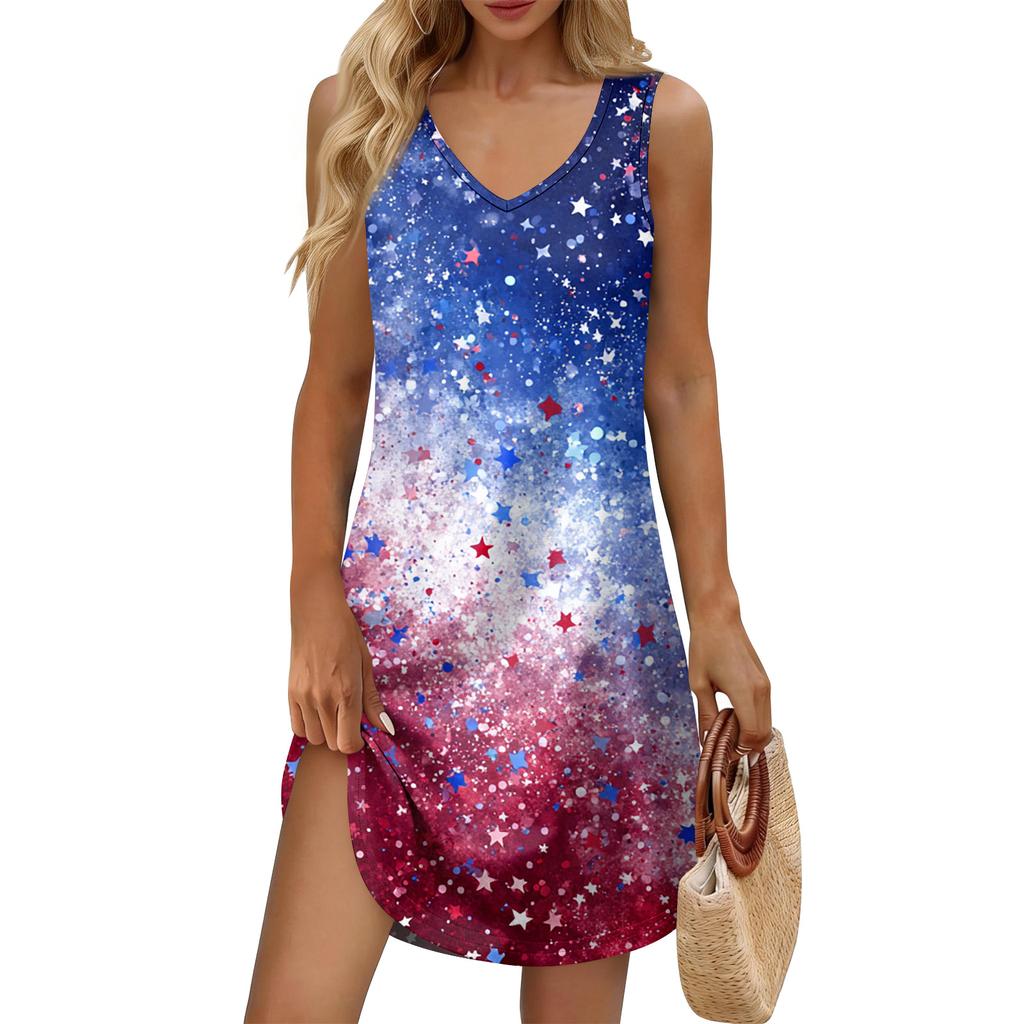 Women's Summer Casual Sun Skirt With Pocket V-Neck Independence Day Printed Loose Vest Dress