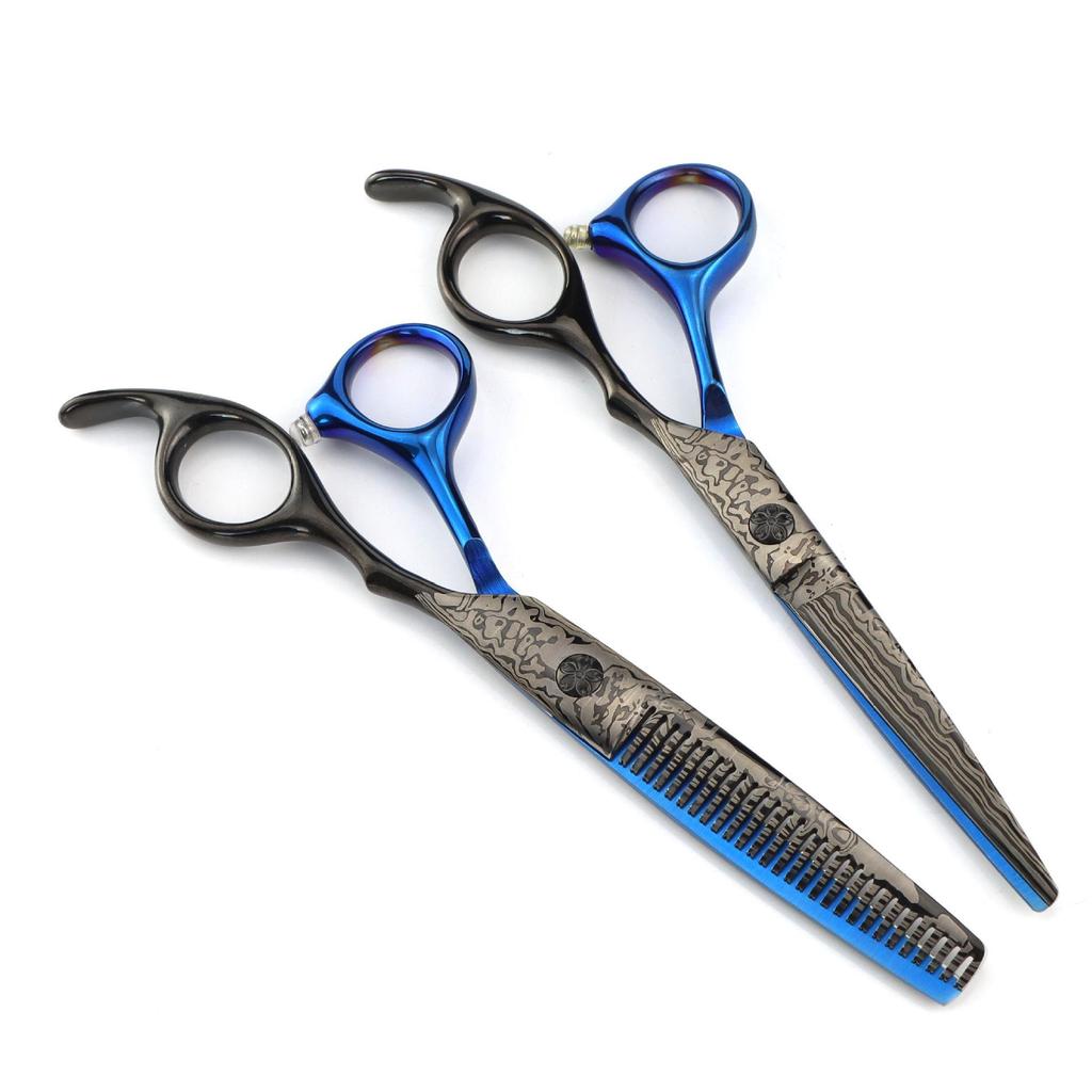 6.0-Inch Black Blue Damascus Barber Scissors & Thinning Shears for Hairdressing