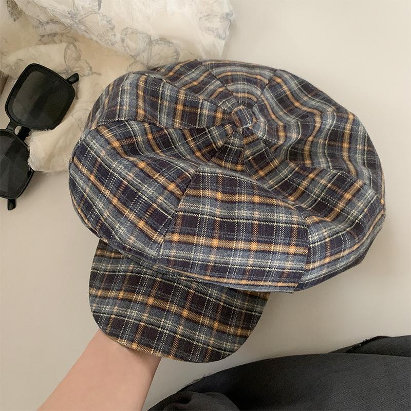 Niche design plaid octagonal hat women's summer thin retro face small cloud hat casual versatile beret